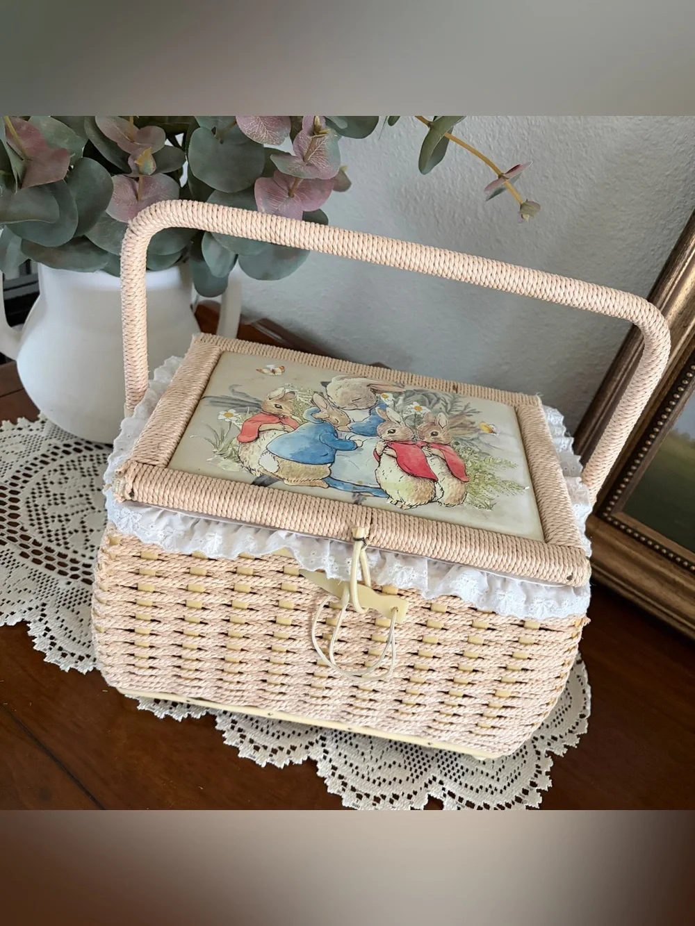 Vintage, cute, cottagecore, whimsical, coquette, basket,rabbit